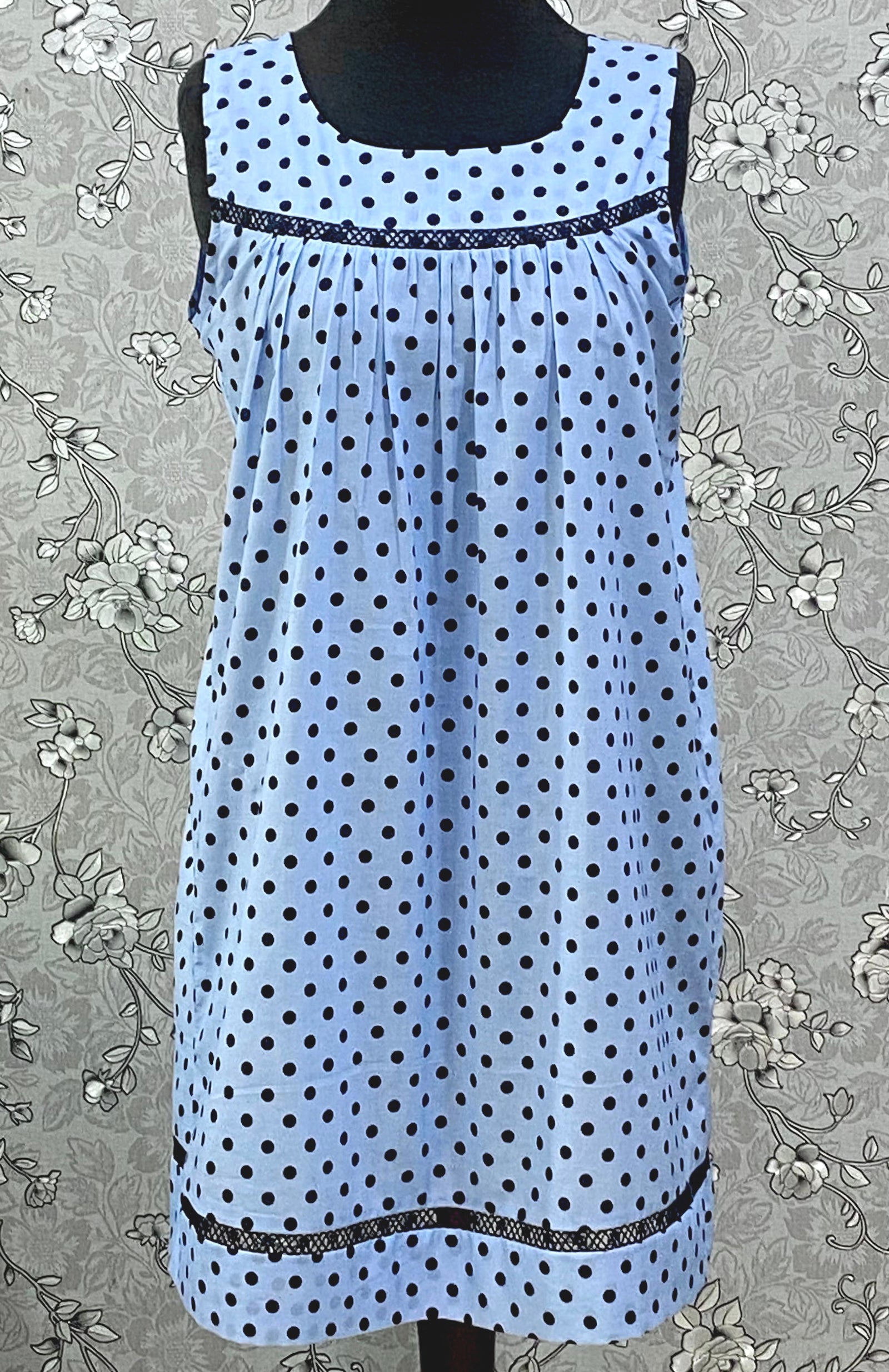SoieRose 100% Cotton Blue Polka Dot Victorian Nightgown – Sleeveless Summer Nightdress SR-1210