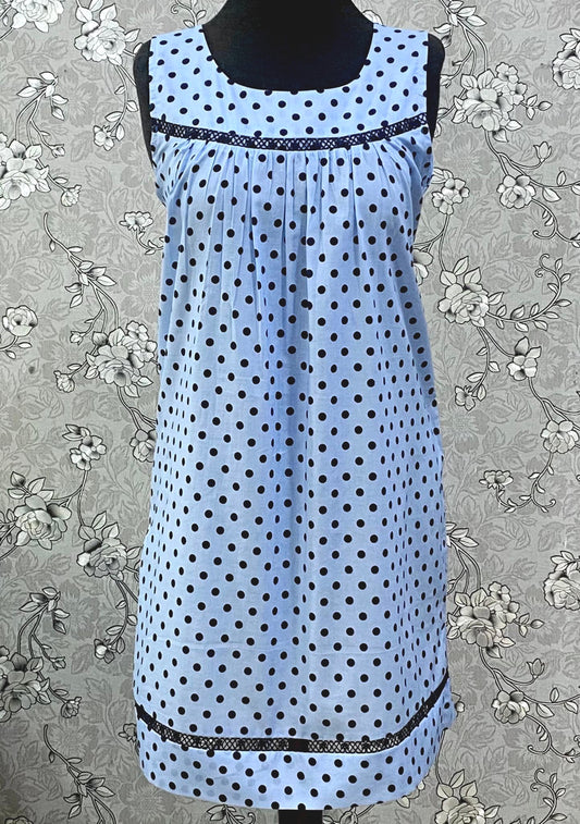 SoieRose 100% Cotton Blue Polka Dot Victorian Nightgown – Sleeveless Summer Nightdress SR-1210
