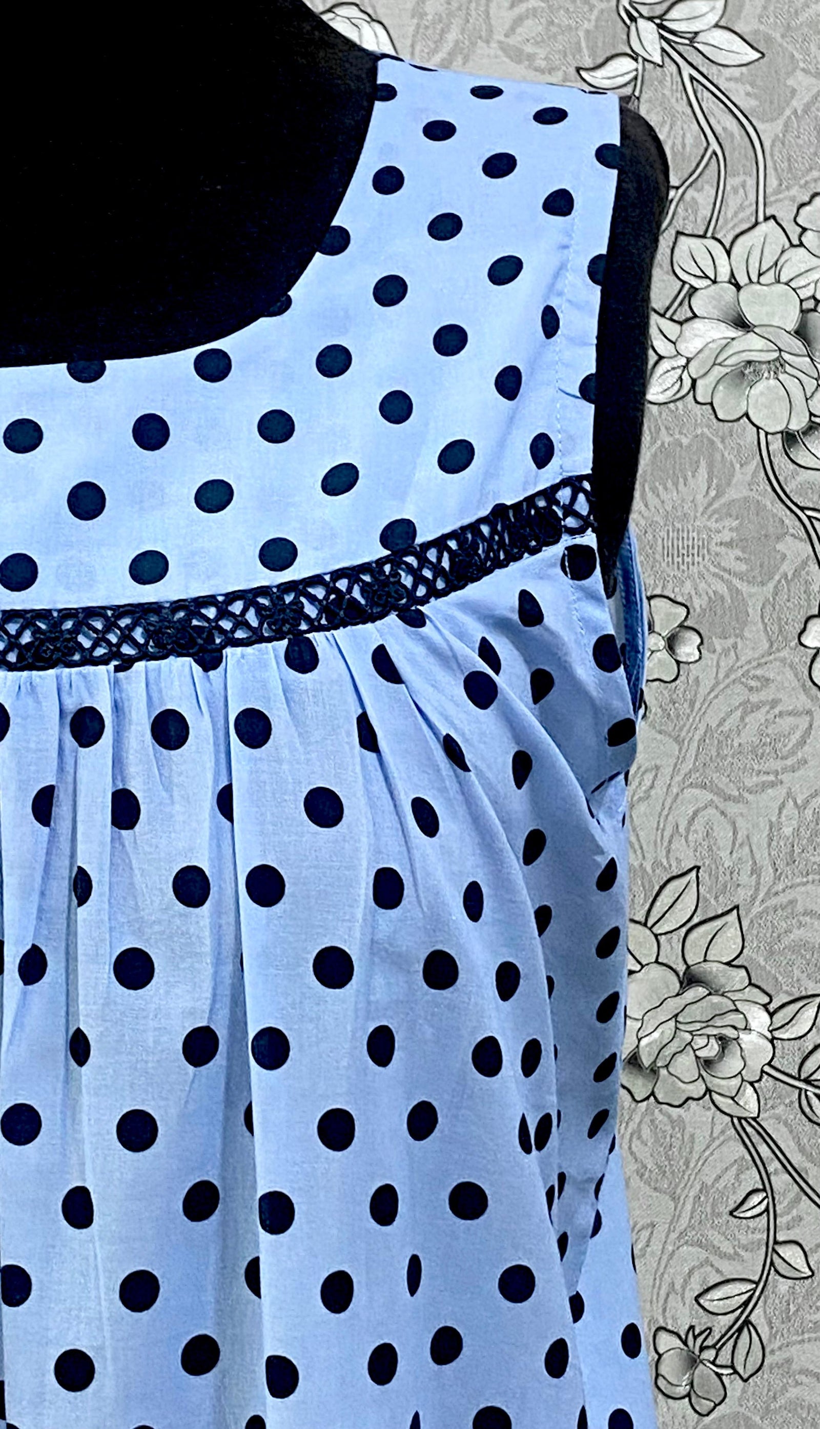 SoieRose 100% Cotton Blue Polka Dot Victorian Nightgown – Sleeveless Summer Nightdress SR-1210