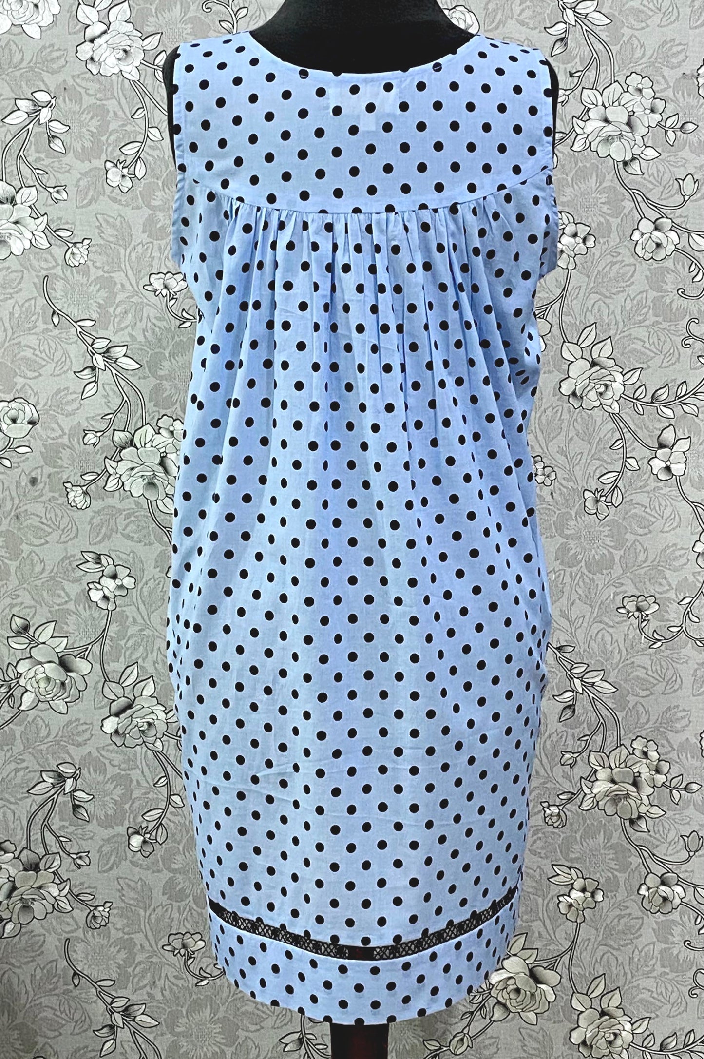 SoieRose 100% Cotton Blue Polka Dot Victorian Nightgown – Sleeveless Summer Nightdress SR-1210