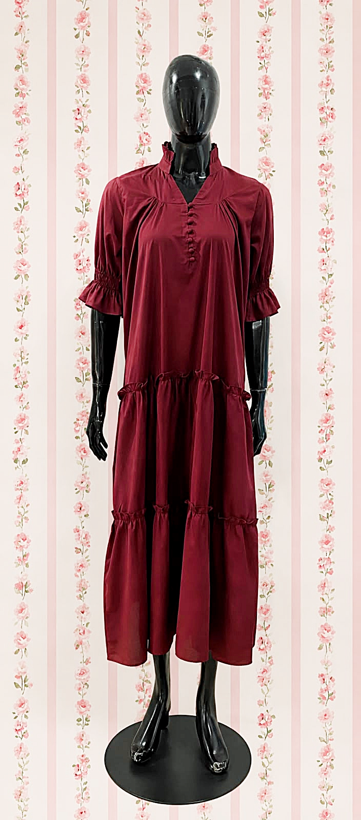 SoieRose 100% Cotton Burgundy Prairie Maxi Dress with Puff Sleeves - SR-1316