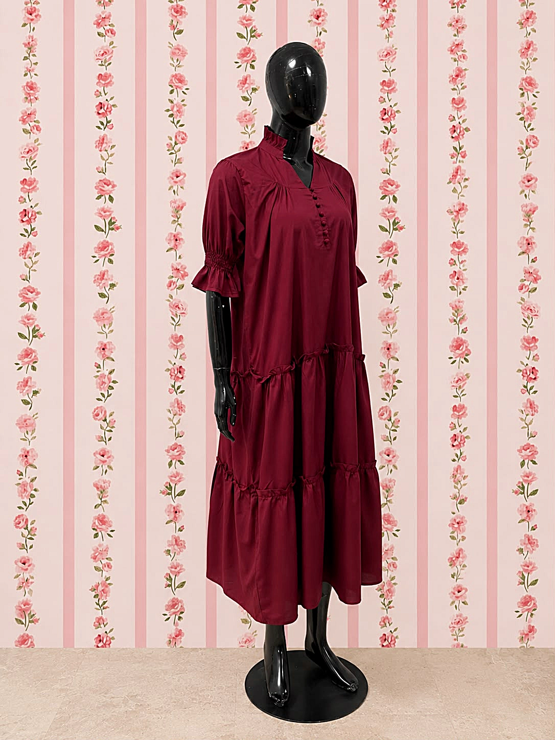 SoieRose 100% Cotton Burgundy Prairie Maxi Dress with Puff Sleeves - SR-1316
