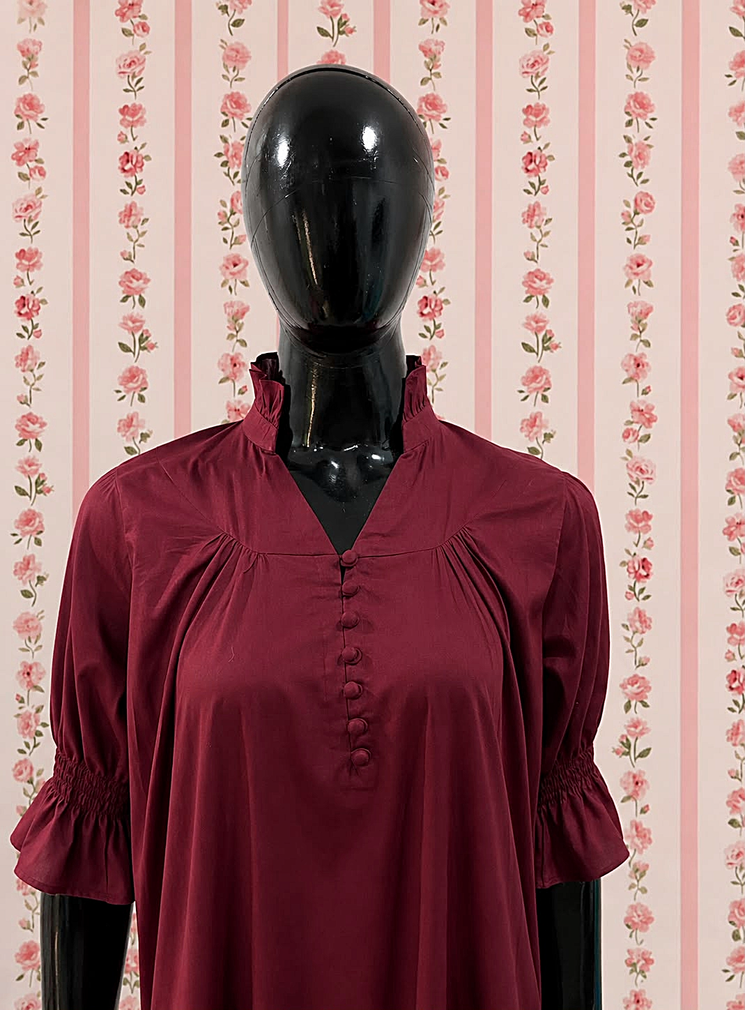 SoieRose 100% Cotton Burgundy Prairie Maxi Dress with Puff Sleeves - SR-1316