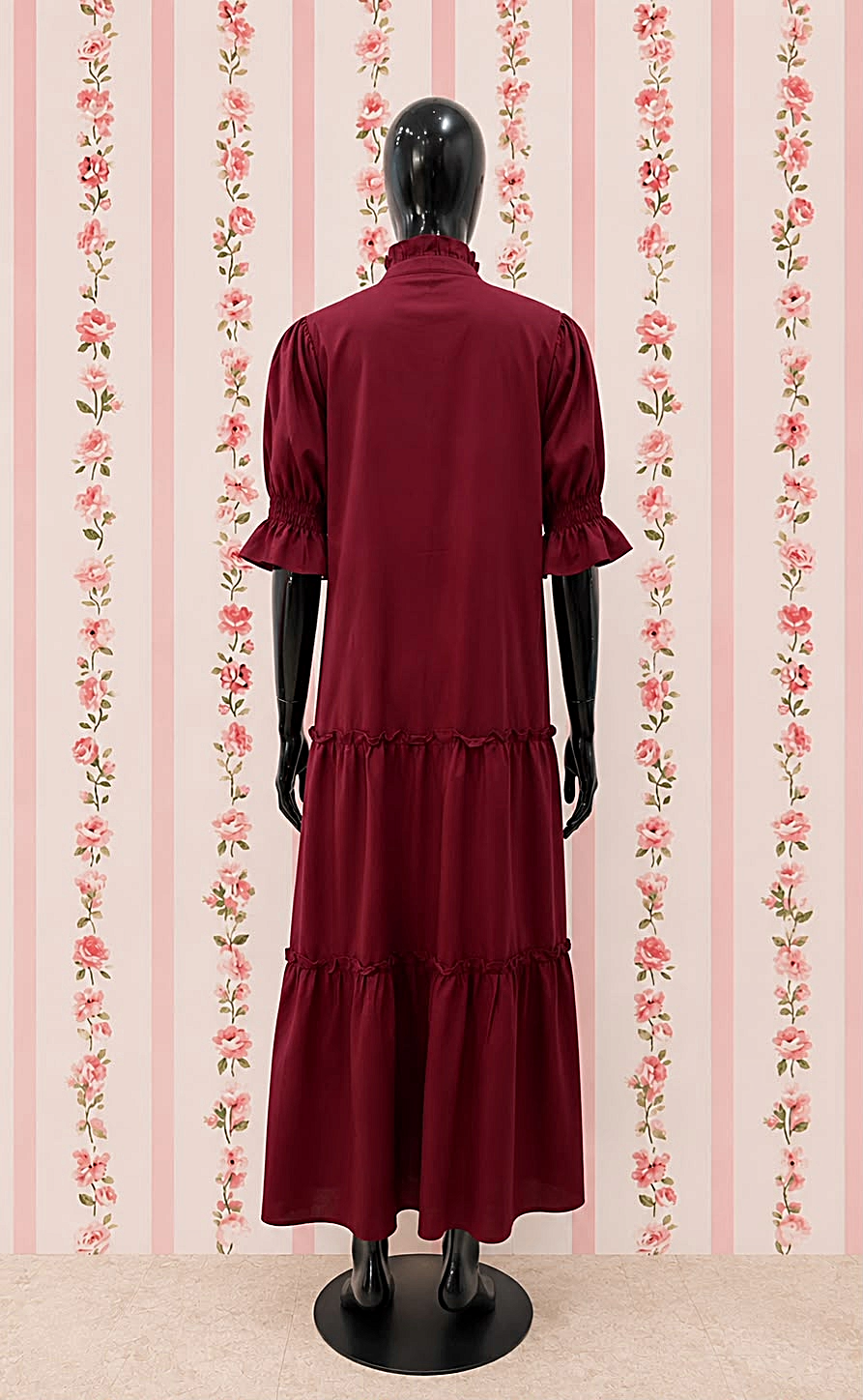 SoieRose 100% Cotton Burgundy Prairie Maxi Dress with Puff Sleeves - SR-1316