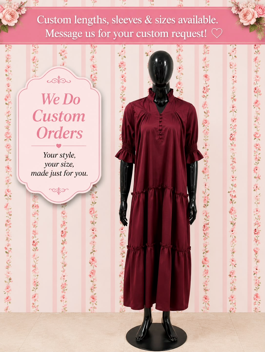 SoieRose 100% Cotton Burgundy Prairie Maxi Dress with Puff Sleeves - SR-1316
