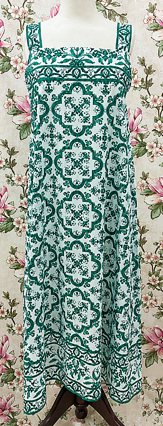 SoieRose 100% Cotton Emerald Green and White Print Victorian Inspired Sleeveless Nightgown SR-1288