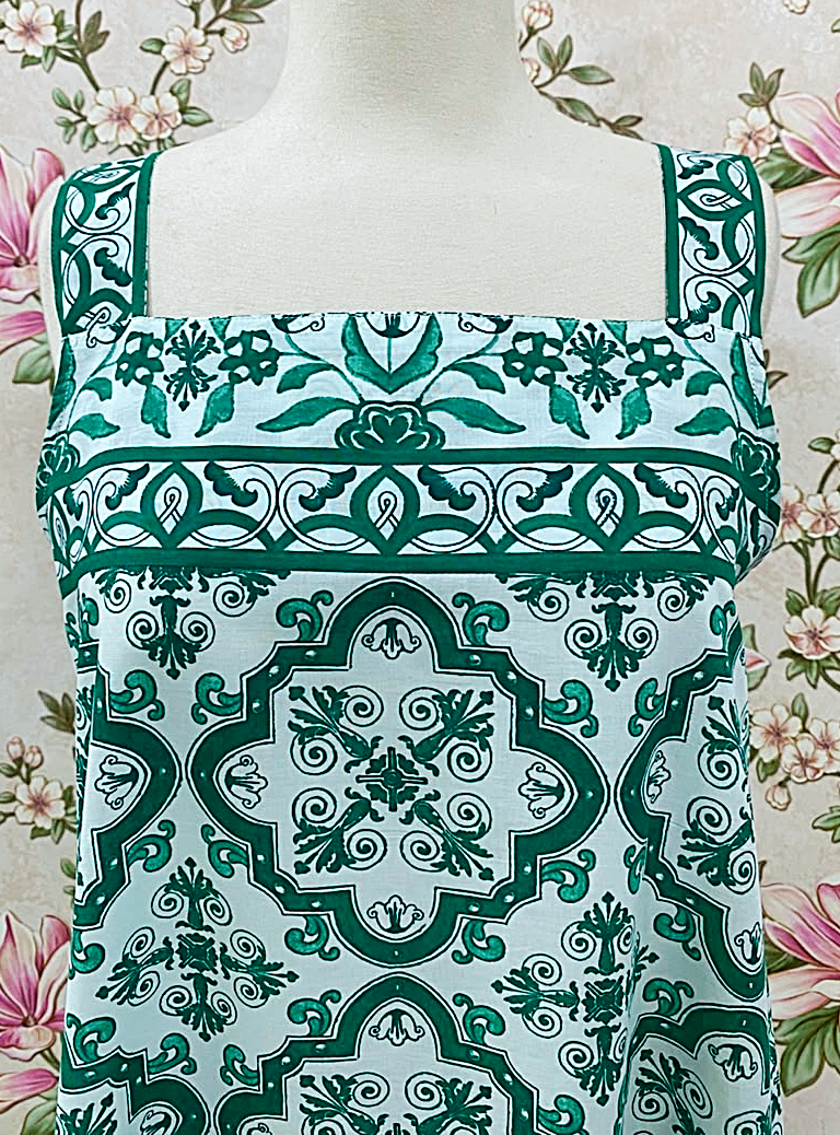 SoieRose 100% Cotton Emerald Green and White Print Victorian Inspired Sleeveless Nightgown SR-1288