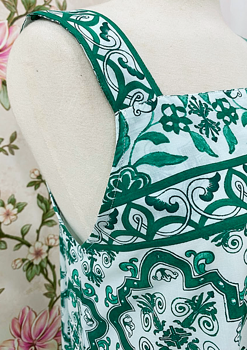 SoieRose 100% Cotton Emerald Green and White Print Victorian Inspired Sleeveless Nightgown SR-1288