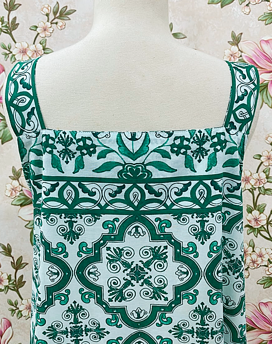 SoieRose 100% Cotton Emerald Green and White Print Victorian Inspired Sleeveless Nightgown SR-1288