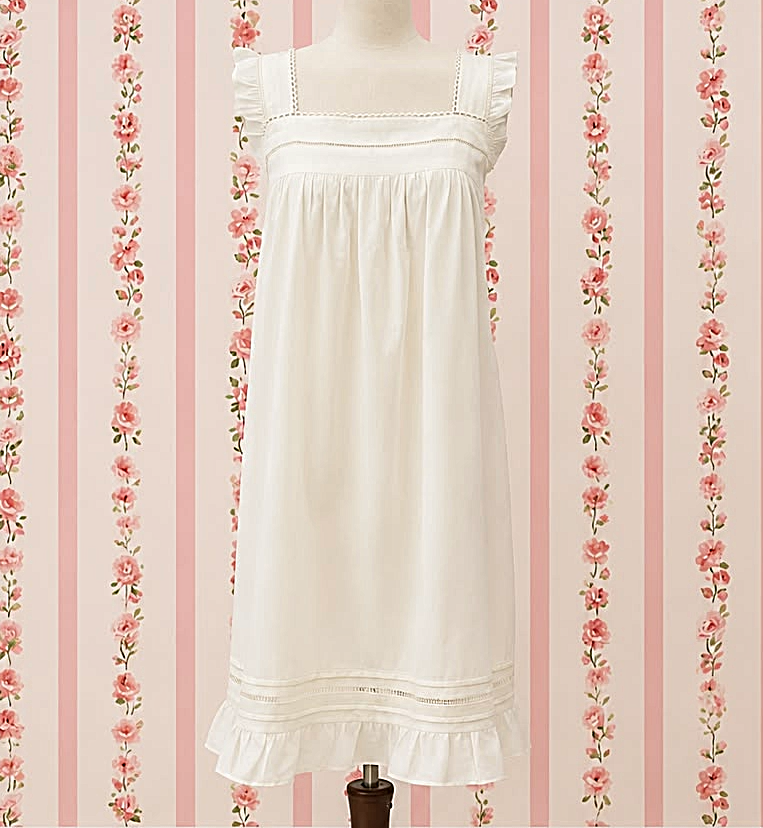 SoieRose 100% Cotton Ivory Victorian Nightgown - Vintage Cottagecore Sleep Dress - SR-1326