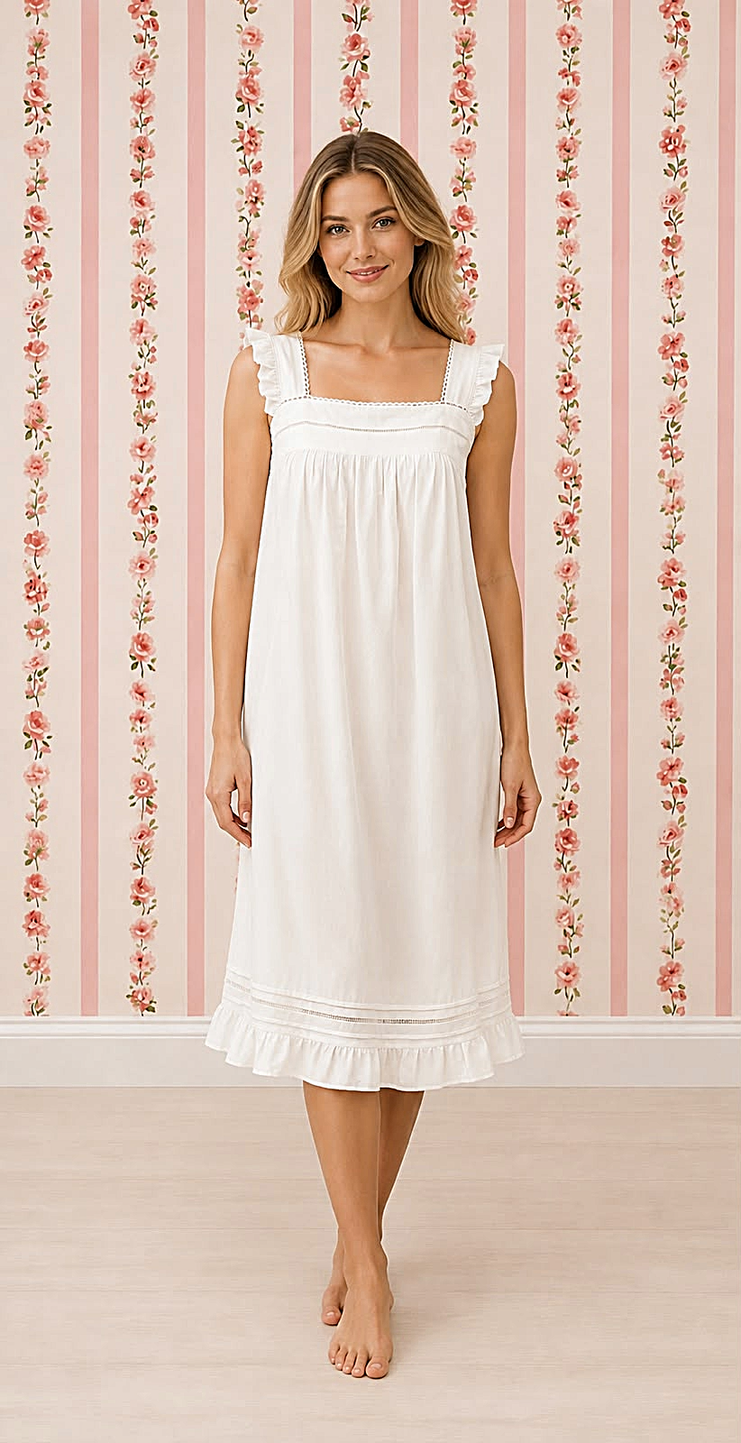 SoieRose 100% Cotton Ivory Victorian Nightgown - Vintage Cottagecore Sleep Dress - SR-1326