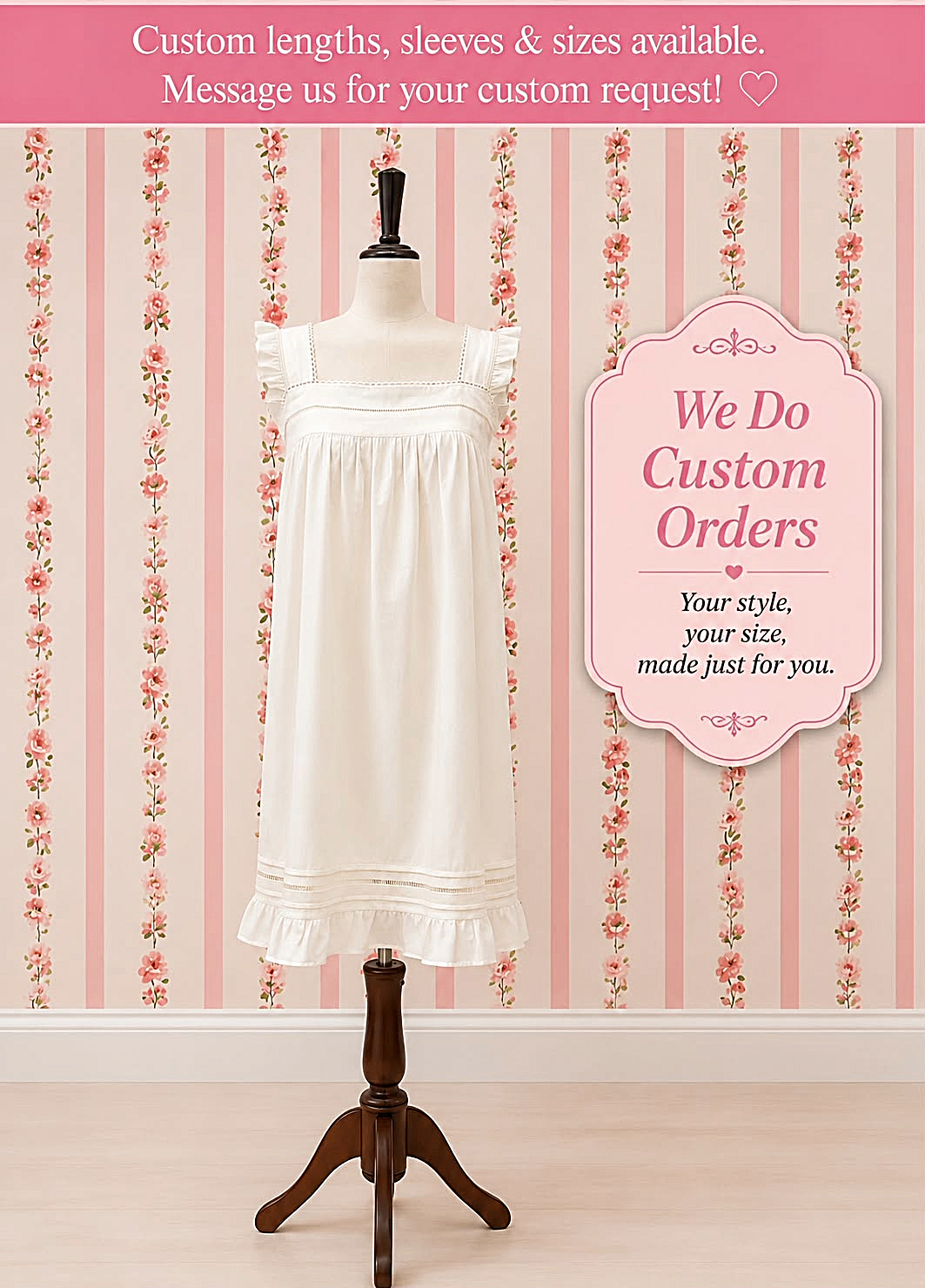 SoieRose 100% Cotton Ivory Victorian Nightgown - Vintage Cottagecore Sleep Dress - SR-1326