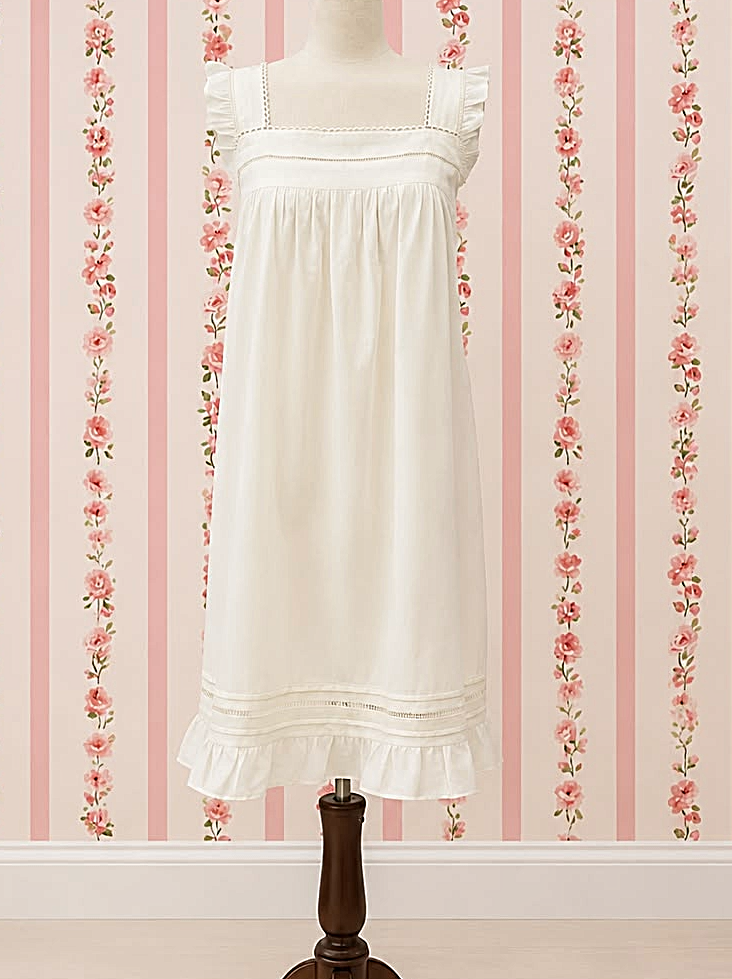 SoieRose 100% Cotton Ivory Victorian Nightgown - Vintage Cottagecore Sleep Dress - SR-1326