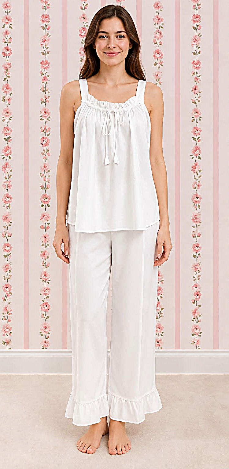 SoieRose 100% Cotton Pajama Set, Sleeveless Ruffle Lounge Set, Victorian Inspired Cotton Sleepwear, Cottagecore Pajamas - SR-1333