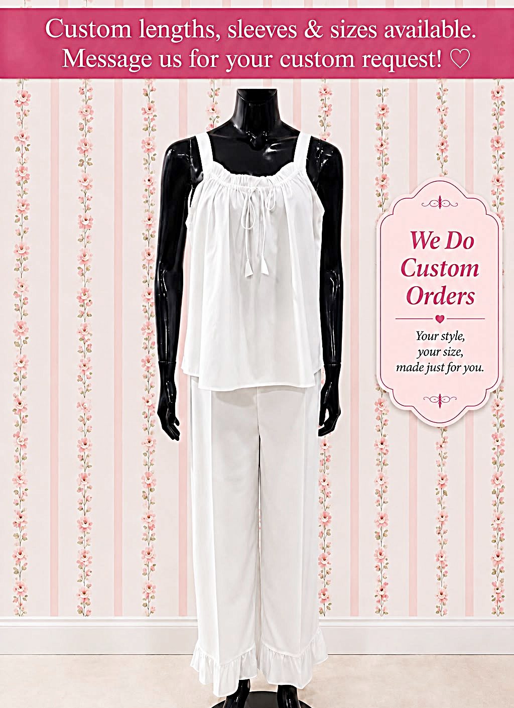 SoieRose 100% Cotton Pajama Set, Sleeveless Ruffle Lounge Set, Victorian Inspired Cotton Sleepwear, Cottagecore Pajamas - SR-1333