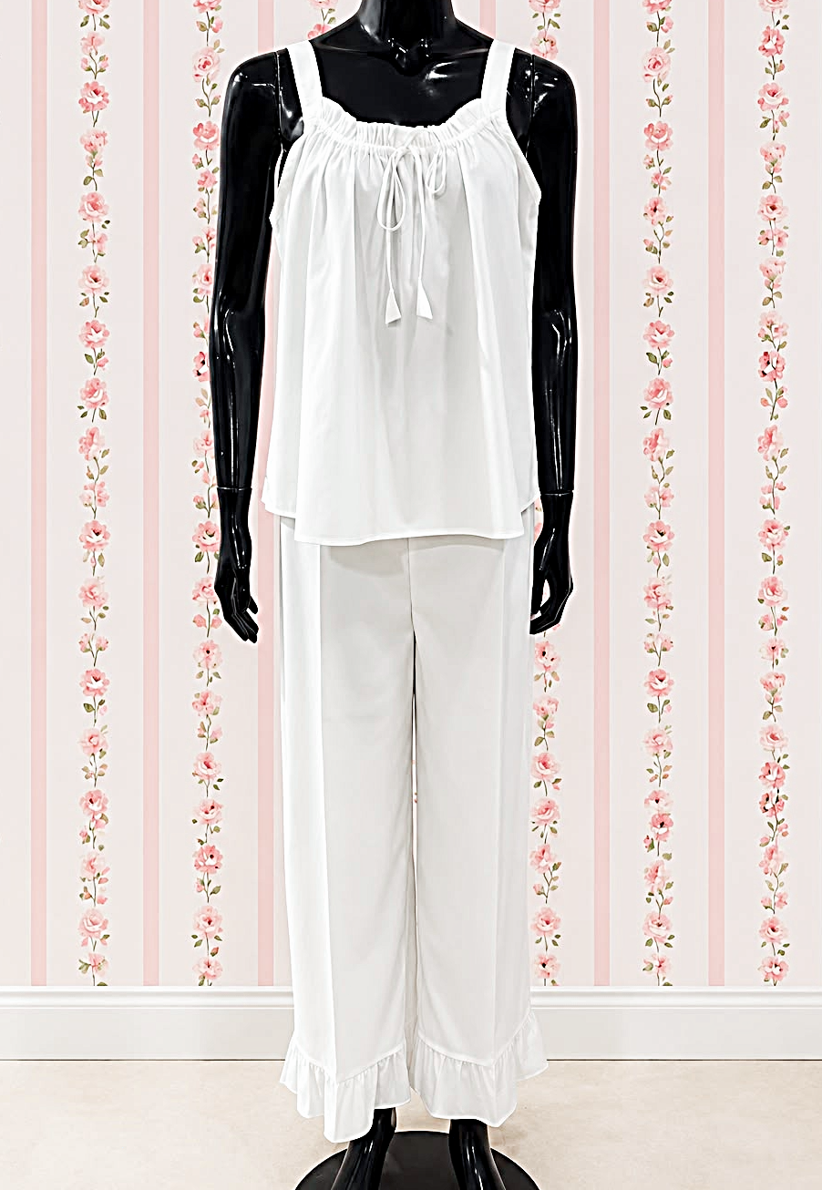 SoieRose 100% Cotton Pajama Set, Sleeveless Ruffle Lounge Set, Victorian Inspired Cotton Sleepwear, Cottagecore Pajamas - SR-1333