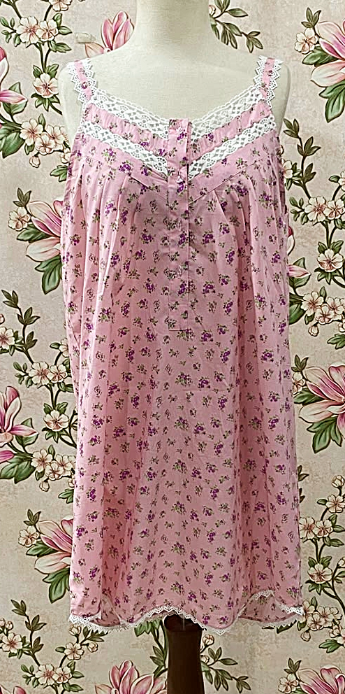 SoieRose 100% Cotton Pink Ditsy Floral Victorian Sleeveless Vintage Lace Trim Nightgown SR-1289