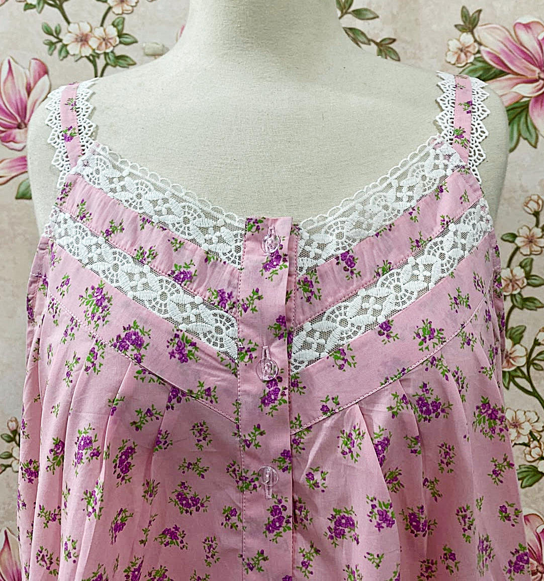 SoieRose 100% Cotton Pink Disty Floral Victorian Sleeveless Vintage Lace Trim Nightgown SR-1289