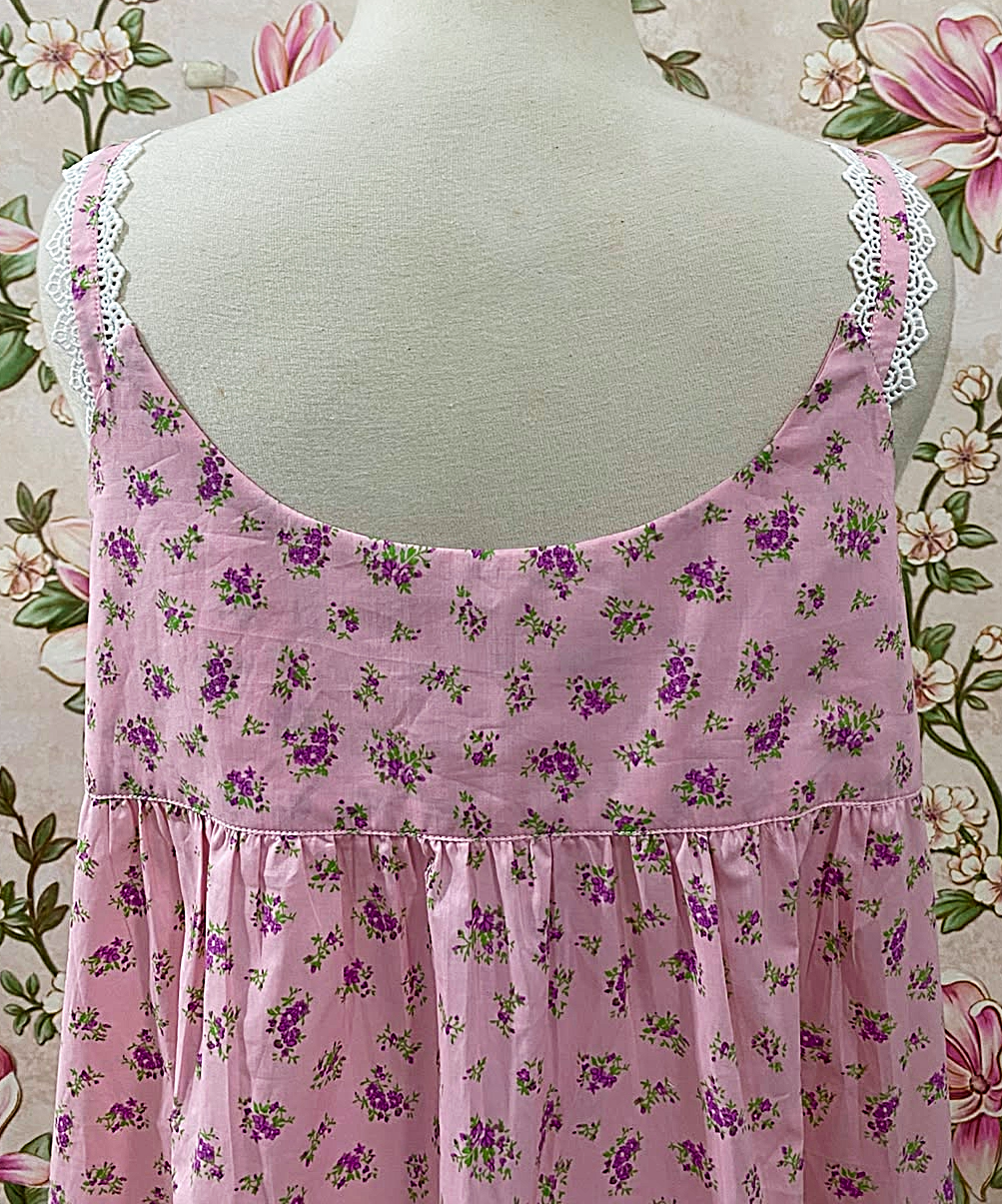SoieRose 100% Cotton Pink Ditsy Floral Victorian Sleeveless Vintage Lace Trim Nightgown SR-1289