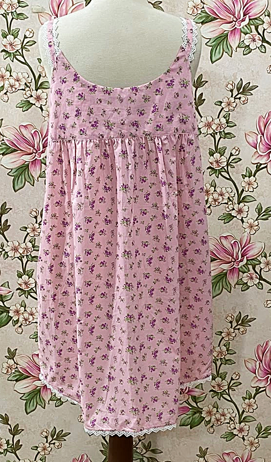 SoieRose 100% Cotton Pink Ditsy Floral Victorian Sleeveless Vintage Lace Trim Nightgown SR-1289