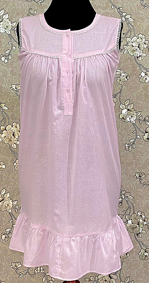 SoieRose 100% Cotton Pink Victorian Sleeveless Ruffle Hem Nightgown - SR-1150