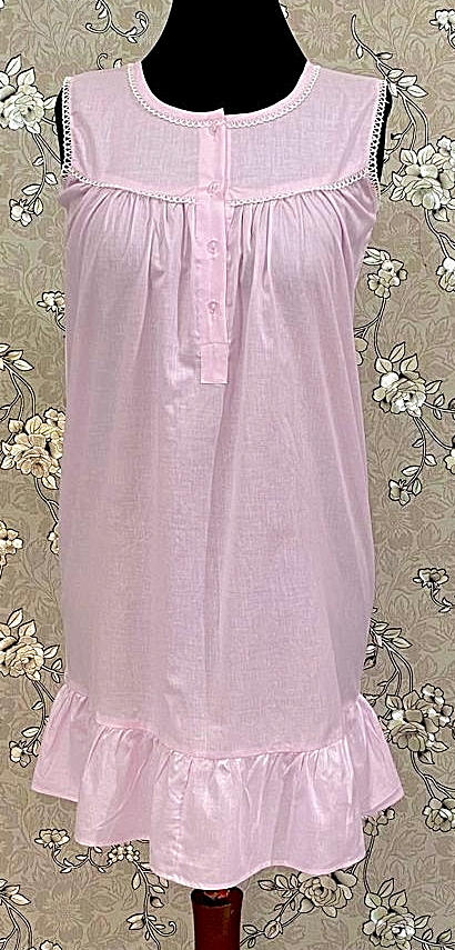 SoieRose 100% Cotton Pink Victorian Sleeveless Ruffle Hem Nightgown - SR-1150