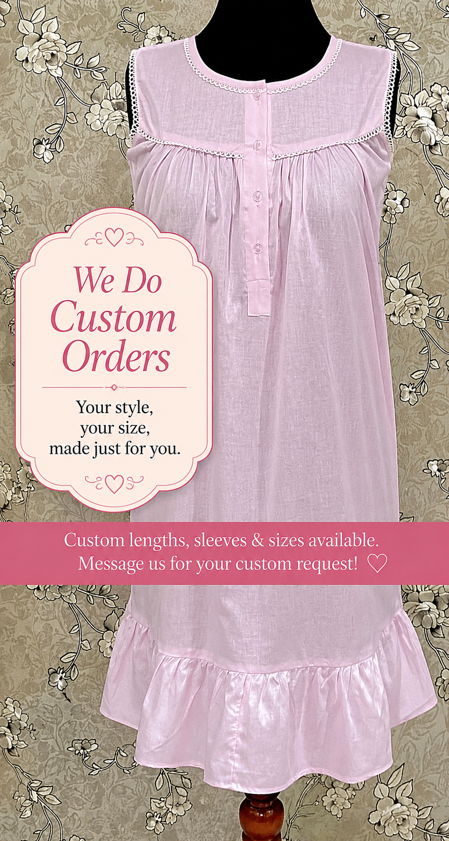 SoieRose 100% Cotton Pink Victorian Sleeveless Ruffle Hem Nightgown - SR-1150