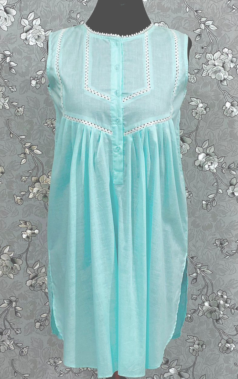 SoieRose 100% Cotton Sleeveless Eyelet Detail Victorian Cotton Nightgown - SR1146 - Sea Green