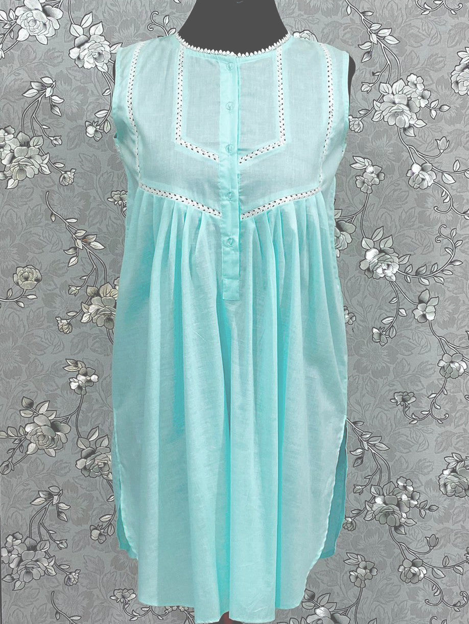 SoieRose 100% Cotton Sleeveless Eyelet Detail Victorian Cotton Nightgown - SR1146 - Sea Green