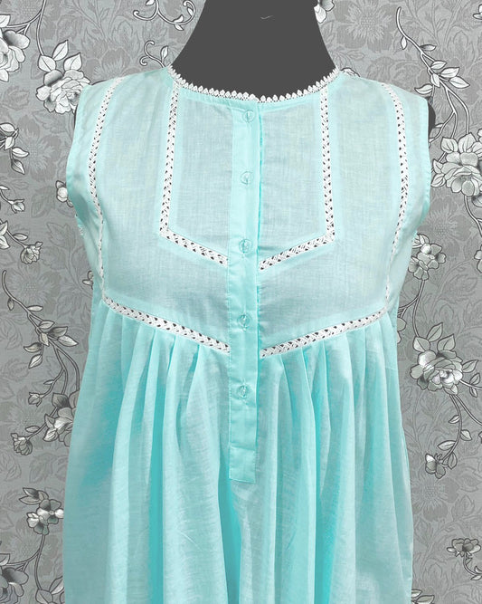 SoieRose 100% Cotton Sleeveless Eyelet Detail Victorian Cotton Nightgown - SR1146 - Sea Green