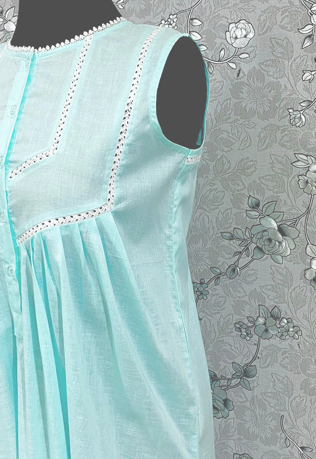 SoieRose 100% Cotton Sleeveless Eyelet Detail Victorian Cotton Nightgown - SR1146 - Sea Green