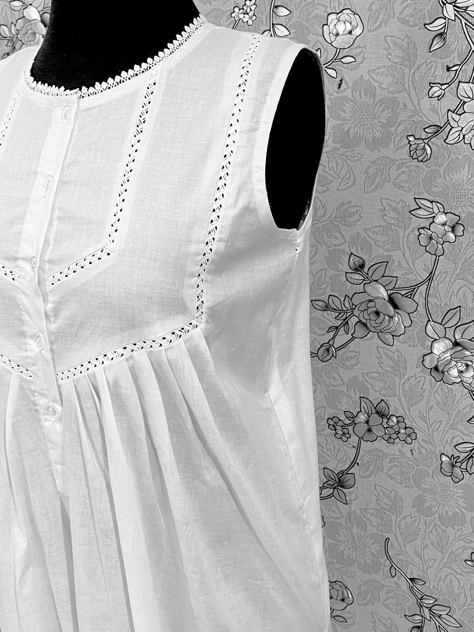SoieRose 100% Cotton Sleeveless Eyelet Detail Victorian Cotton Nightgown - SR1142