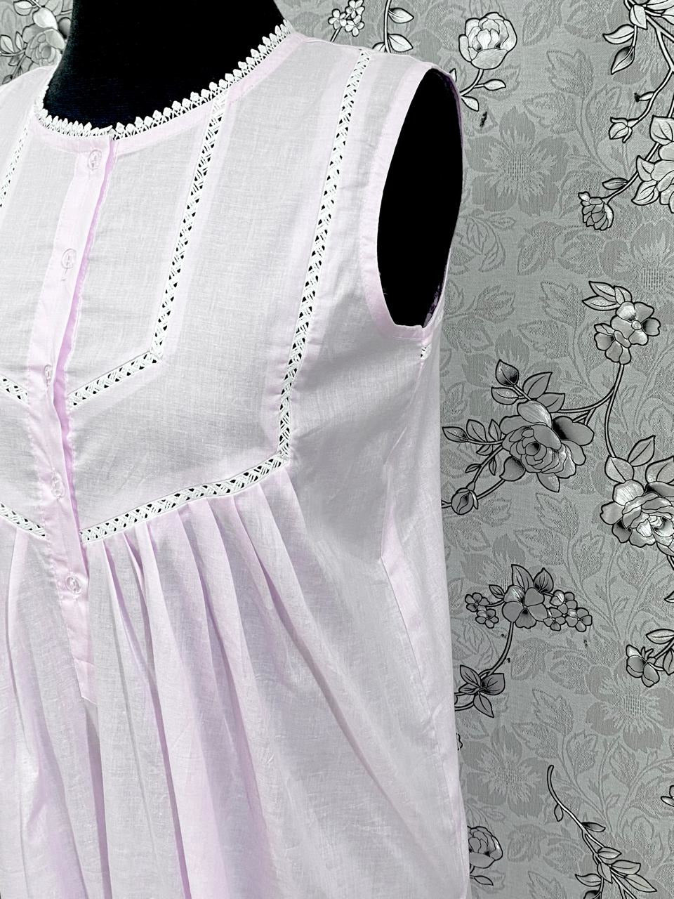 SoieRose 100% Cotton Sleeveless Eyelet Detail Victorian Cotton Nightgown - SR1145 - Pale Pink