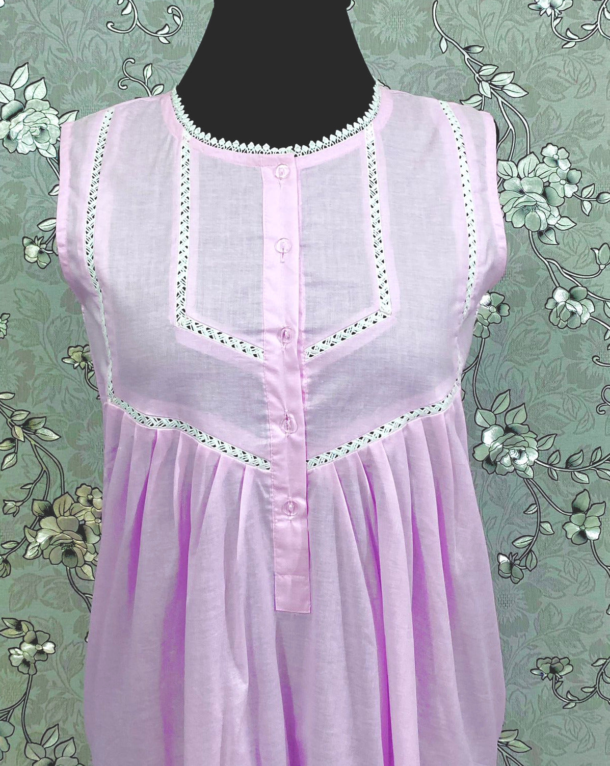 SoieRose 100% Cotton Sleeveless Eyelet Detail Victorian Cotton Nightgown - SR1143 - Pink