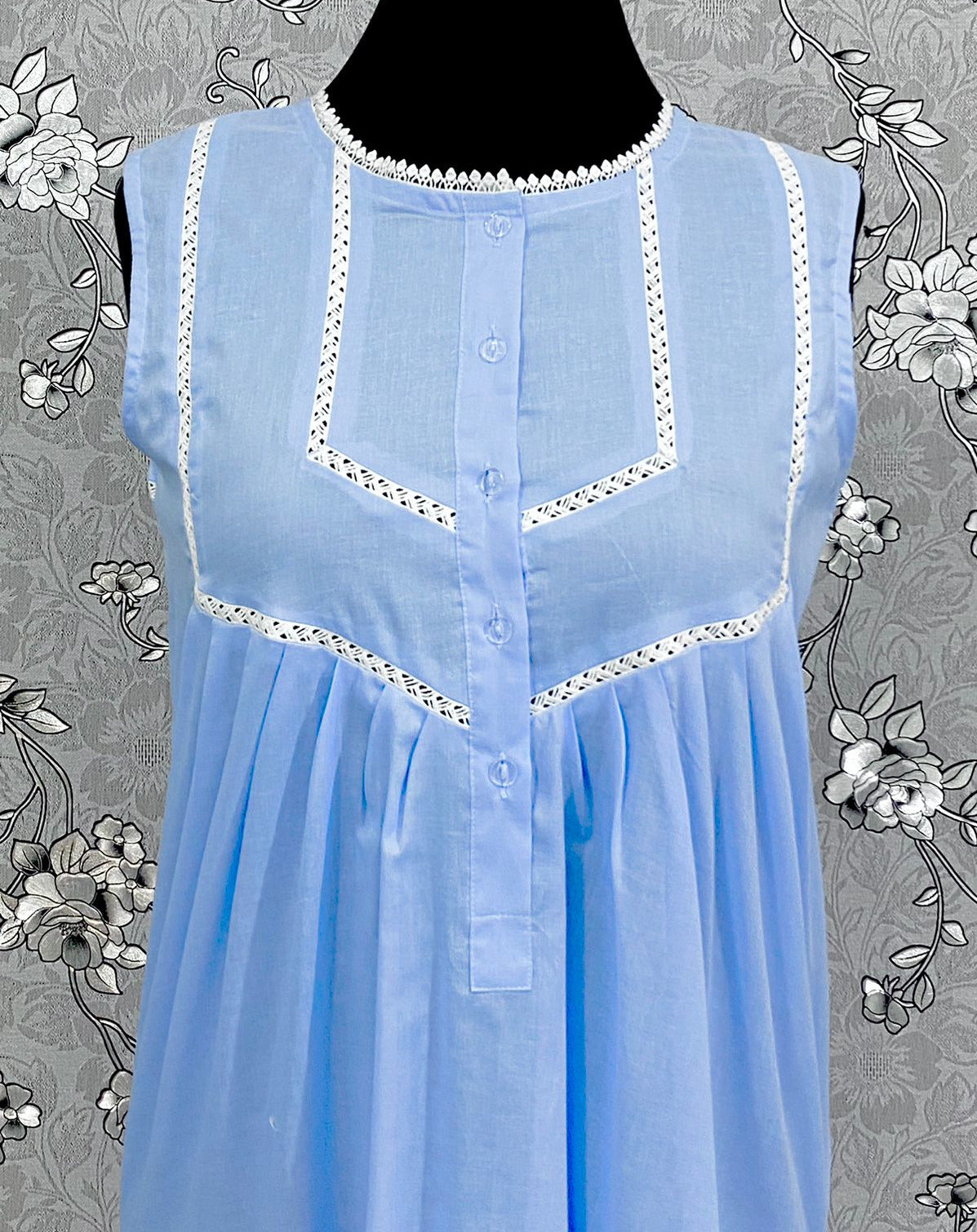 SoieRose 100% Cotton Sleeveless Eyelet Detail Victorian Cotton Nightgown - SR1144 - Periwinkle