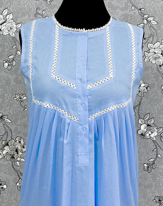 SoieRose 100% Cotton Sleeveless Eyelet Detail Victorian Cotton Nightgown - SR1144 - Periwinkle