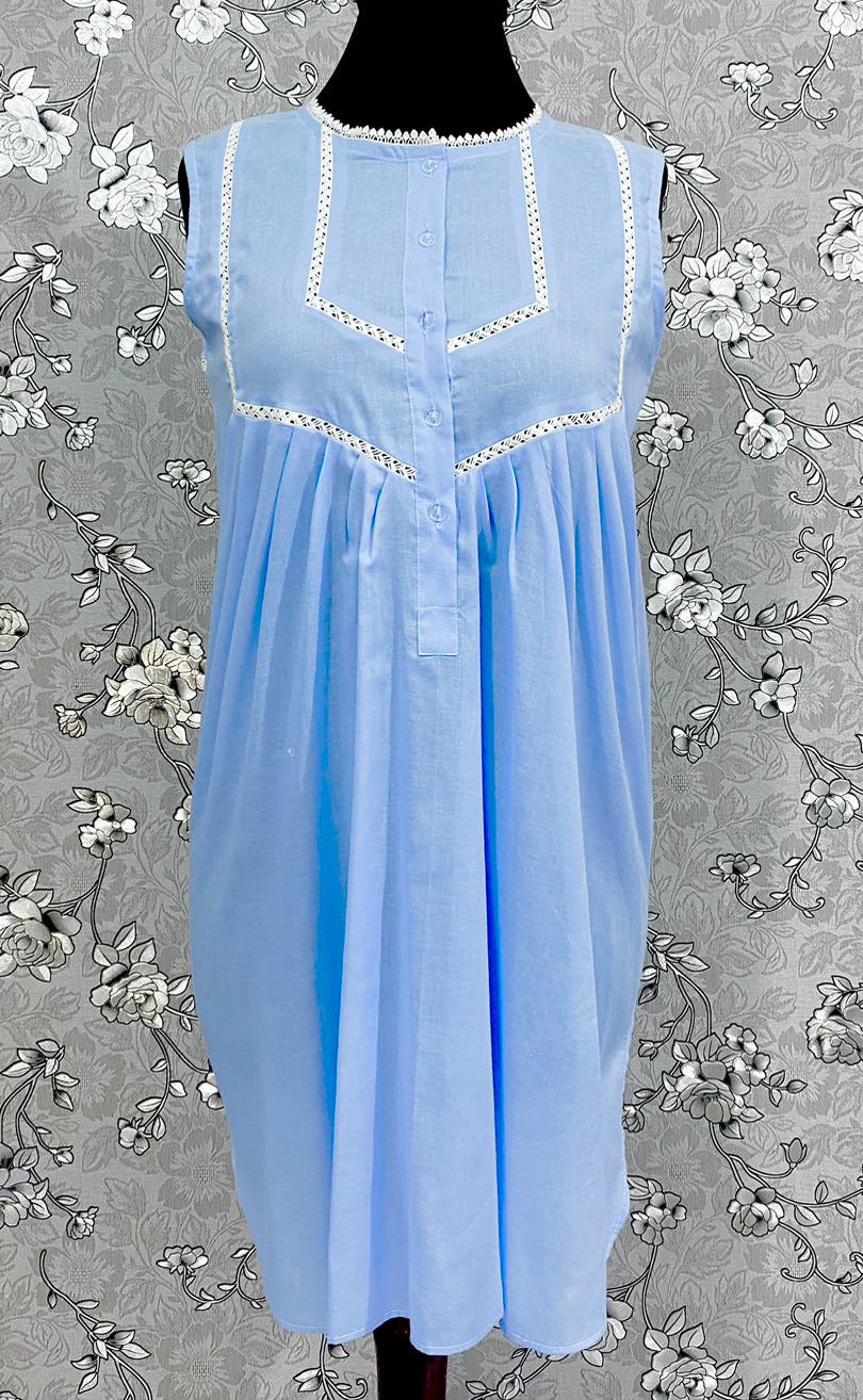 SoieRose 100% Cotton Sleeveless Eyelet Detail Victorian Cotton Nightgown - SR1144 - Periwinkle