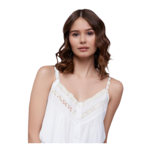 SoieRose 100% Cotton Two Tone White Elegant Lace Trimmed Nightgown - SR-1047