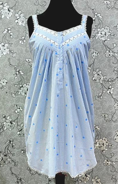 SoieRose 100% Cotton Victorian Nightgown | Blue Gingham Nightdress with Floral Embroidery | SR-1241