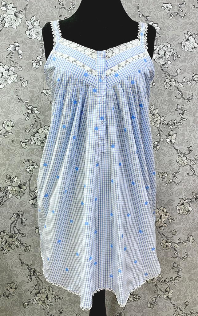 SoieRose 100% Cotton Victorian Nightgown | Blue Gingham Nightdress with Floral Embroidery | SR-1241