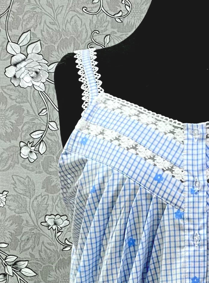 SoieRose 100% Cotton Victorian Nightgown | Blue Gingham Nightdress with Floral Embroidery | SR-1241