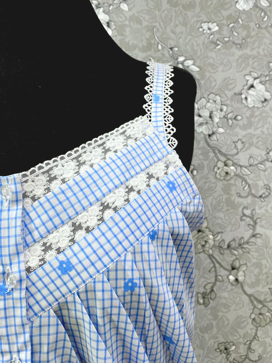 SoieRose 100% Cotton Victorian Nightgown | Blue Gingham Nightdress with Floral Embroidery | SR-1241