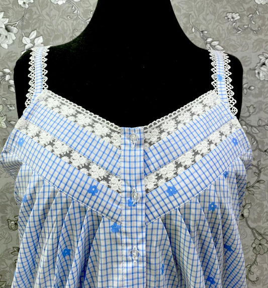 SoieRose 100% Cotton Victorian Nightgown | Blue Gingham Nightdress with Floral Embroidery | SR-1241