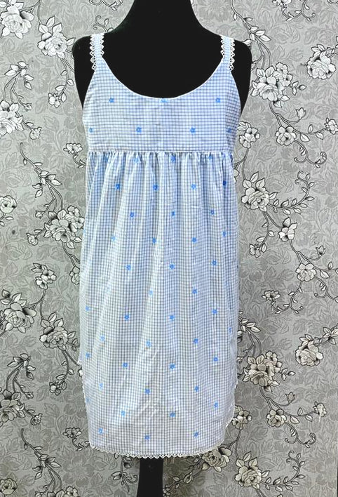 SoieRose 100% Cotton Victorian Nightgown | Blue Gingham Nightdress with Floral Embroidery | SR-1241