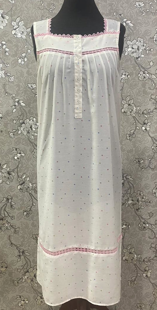 SoieRose 100% Cotton Victorian Nightgown | White Dotted Sleepwear with Pink Lace Trim | SR-1240