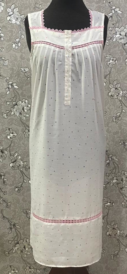 SoieRose 100% Cotton Victorian Nightgown | White Dotted Sleepwear with Pink Lace Trim | SR-1240
