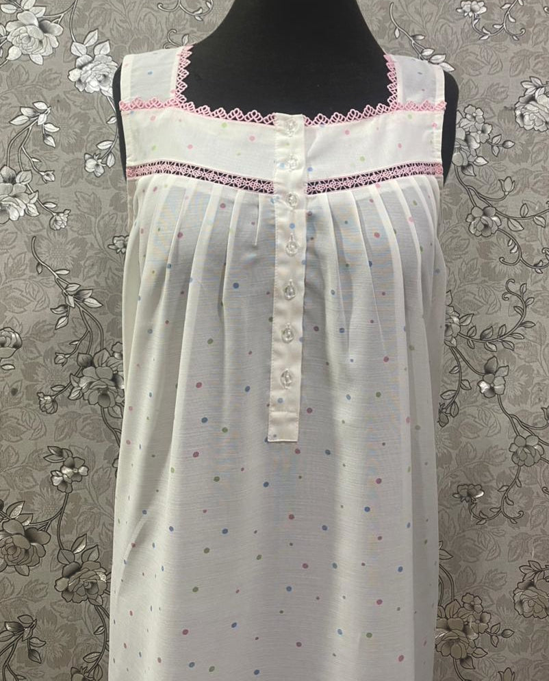 SoieRose 100% Cotton Victorian Nightgown | White Dotted Sleepwear with Pink Lace Trim | SR-1240