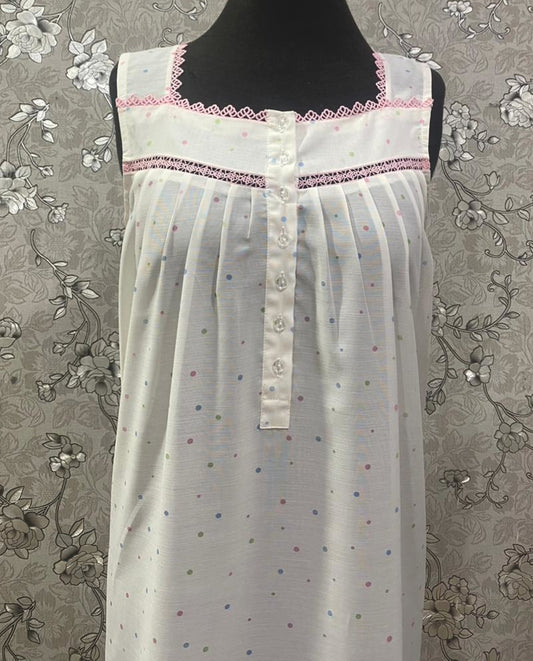 SoieRose 100% Cotton Victorian Nightgown | White Dotted Sleepwear with Pink Lace Trim | SR-1240