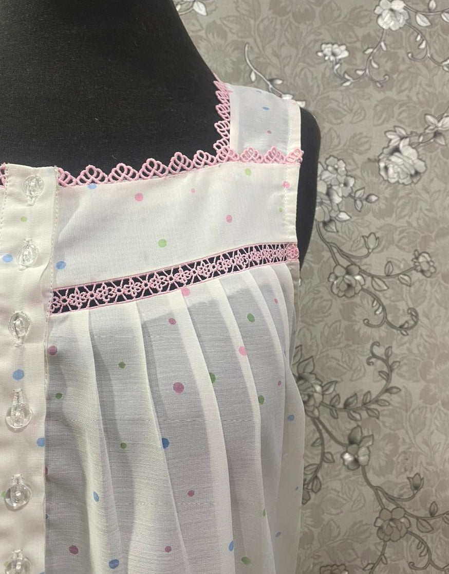 SoieRose 100% Cotton Victorian Nightgown | White Dotted Sleepwear with Pink Lace Trim | SR-1240