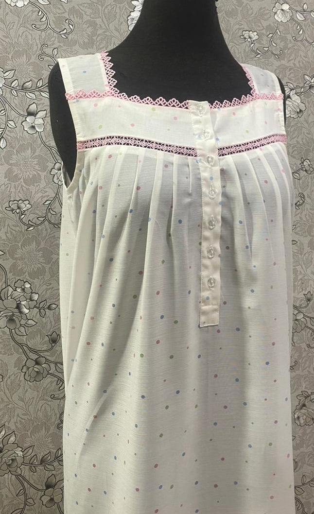 SoieRose 100% Cotton Victorian Nightgown | White Dotted Sleepwear with Pink Lace Trim | SR-1240